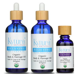 3 combo kit of Relaxing Body Oil, Relieving Massage Oil, and Calming Diffuser Oil